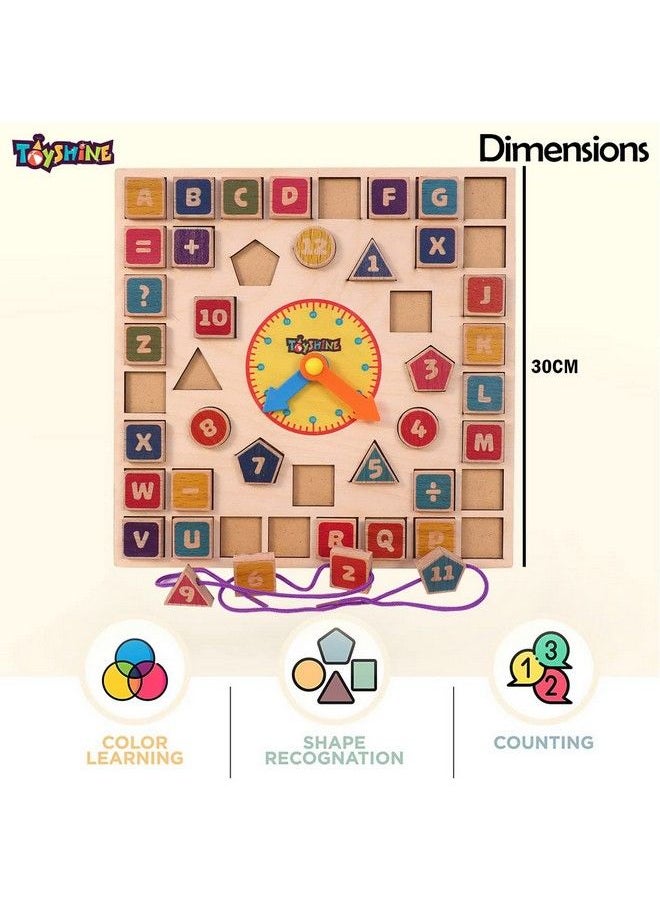 Toyshine - 3 In 1 Wooden Puzzle Clock Abc And Lacing Beads Shape Sorting Blocks Teaching Clock With Geometry Numbersmulti Color - Image 1