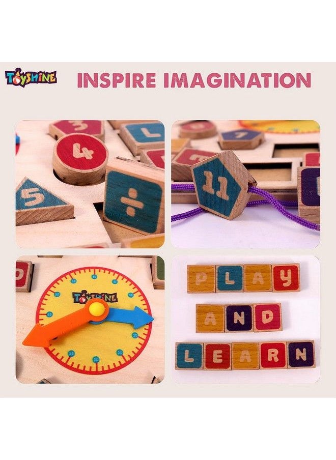 Toyshine - 3 In 1 Wooden Puzzle Clock Abc And Lacing Beads Shape Sorting Blocks Teaching Clock With Geometry Numbersmulti Color - Image 1