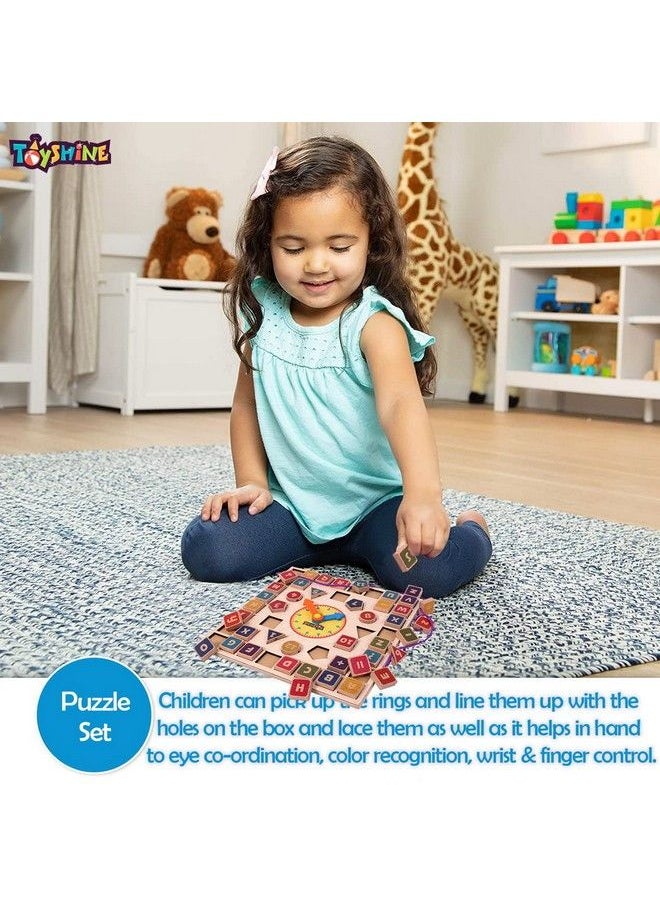 Toyshine - 3 In 1 Wooden Puzzle Clock Abc And Lacing Beads Shape Sorting Blocks Teaching Clock With Geometry Numbersmulti Color - Image 1