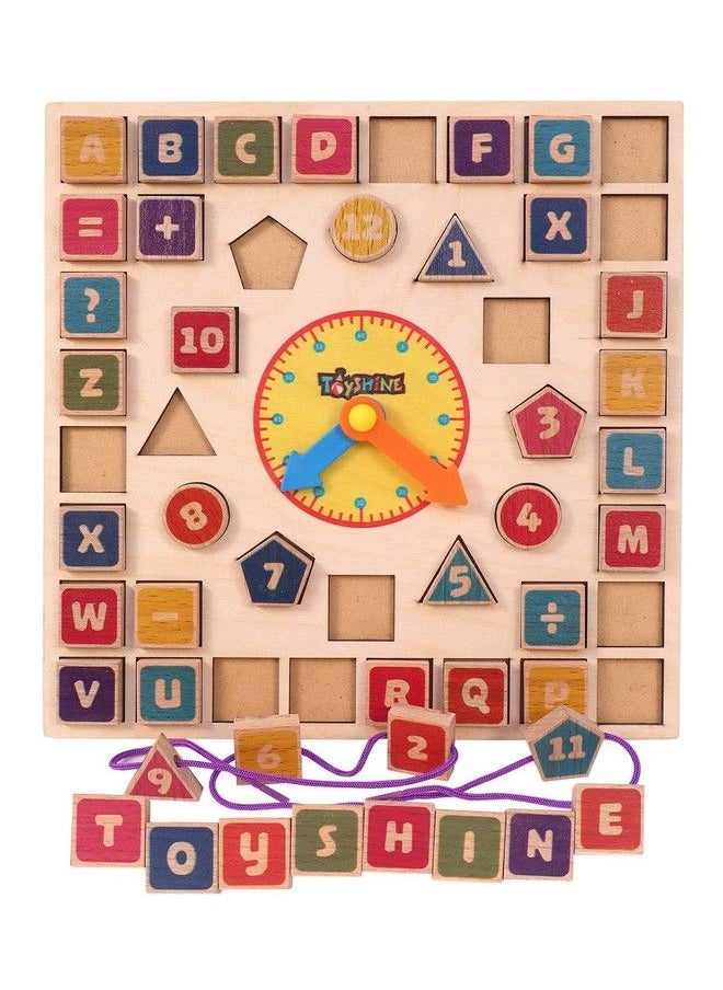 Toyshine - 3 In 1 Wooden Puzzle Clock Abc And Lacing Beads Shape Sorting Blocks Teaching Clock With Geometry Numbersmulti Color - Image 1