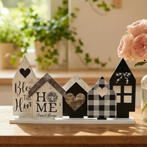Sm:)e Smile Wooden Indoor Decorations Standing Signs, 4pcs Small House Shapes, Wooden Holiday Decor Shelf Table Sign - Image 5
