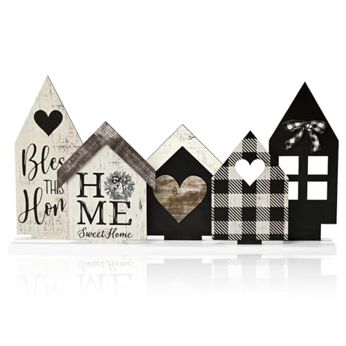 Sm:)e Smile Wooden Indoor Decorations Standing Signs, 4pcs Small House Shapes, Wooden Holiday Decor Shelf Table Sign - Image 1