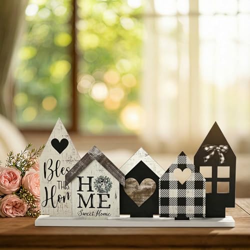 Sm:)e Smile Wooden Indoor Decorations Standing Signs, 4pcs Small House Shapes, Wooden Holiday Decor Shelf Table Sign - Image 4