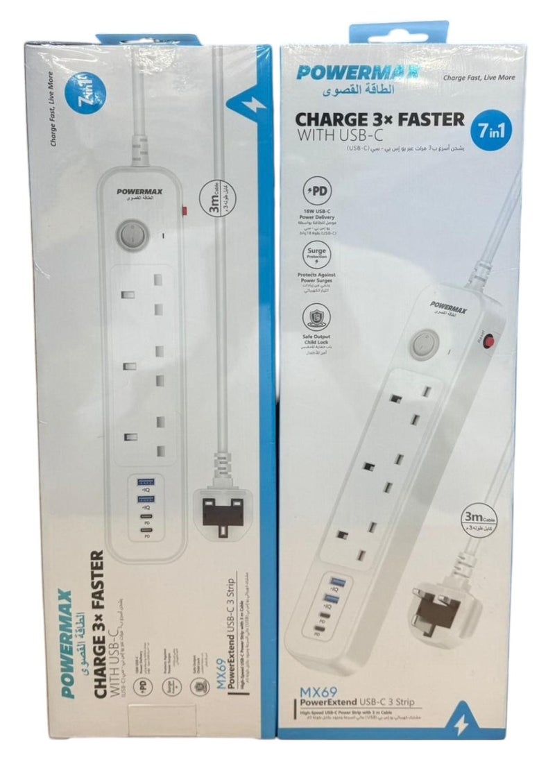 7 في 1 شريط طاقة مع واقي من زيادة التيار، قابس تمديد متعدد المنافذ، 3 منافذ تيار متردد، 2 منفذ شحن سريع من النوع C و2 منفذ USB، محطة شحن USB للمطبخ، الوصول إلى المكتب المنزلي - Image 2