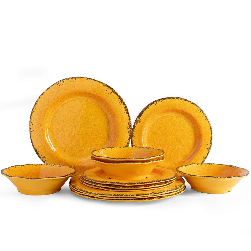 LEHAHA Melamine Dinnerware Sets Outdoor Use Harvest Dinner Plates and Bowls Sets Great for RVs Camping Light Weight and Unbreakable 12 Piece Dishes Dinnerware Set for 4 Gold