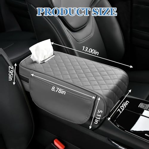 Wogomz Car Center Console Cover, 13"×7.09"×2.95" Leather Car Armrest Cover with Pockets & Tissue Box, Comfortable Auto Armrest Cushion, Universal Arm Rest Protector for Car SUV Truck (Gray) - Image 2
