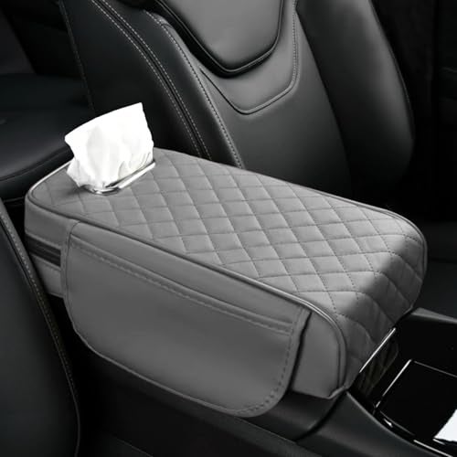 Wogomz Car Center Console Cover, 13"×7.09"×2.95" Leather Car Armrest Cover with Pockets & Tissue Box, Comfortable Auto Armrest Cushion, Universal Arm Rest Protector for Car SUV Truck (Gray) - Image 1
