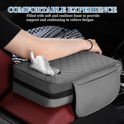 Wogomz Car Center Console Cover, 13"×7.09"×2.95" Leather Car Armrest Cover with Pockets & Tissue Box, Comfortable Auto Armrest Cushion, Universal Arm Rest Protector for Car SUV Truck (Gray) - Image 4