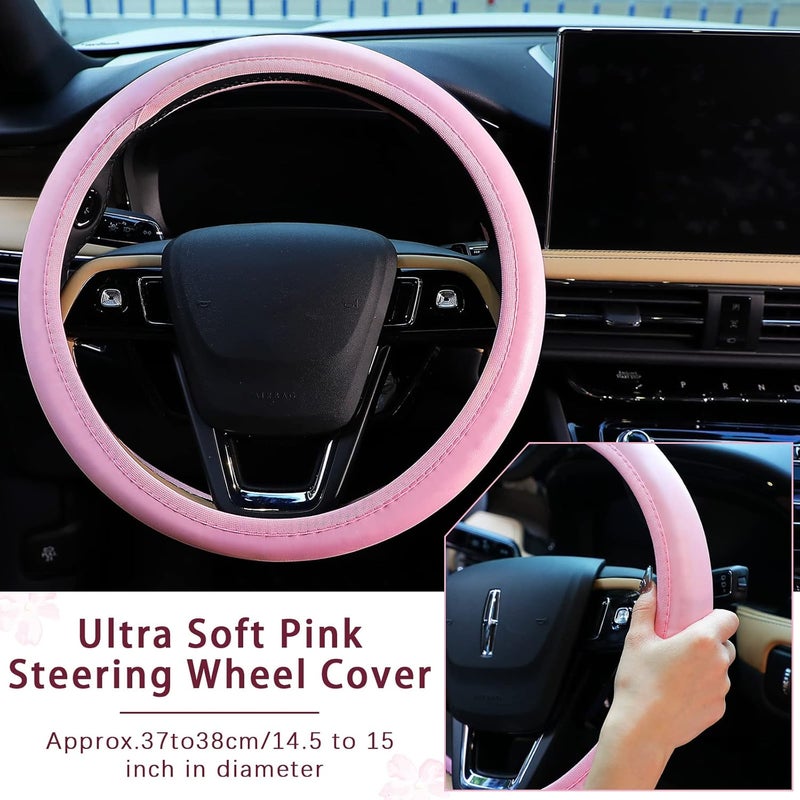 Frienda 10 Pc Pink Leather Steering Wheel Cover Set - With Seat Belt Pads, Cup Holders, Bling Buttons - Image 2