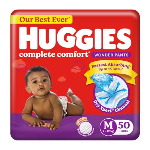 Huggies Complete Comfort Wonder Pants | Pant Style Baby Diapers Medium Size (M), 50 Count | India's Fastest Absorbing Diaper, Prevents Diaper Rash, Ideal for 7 to 12 Kgs - Image 1