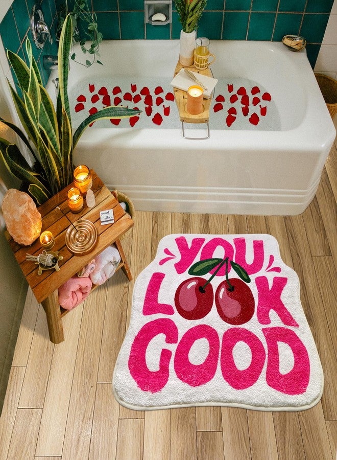 SHIYUE You Look Good Bath Mat Cute Cherry Funny Bathroom Rug, Soft Absorbent Water Non Slip, Superior Washable Microfiber Cool Shower Preppy Decor Rug (21"x25"Pink) - Image 4