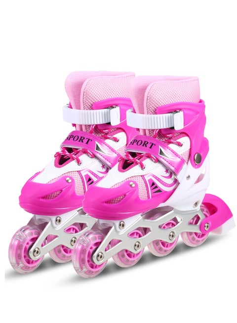 Adjustable Roller Skate Shoes LED Light Single Row Wheels, Pink/White - Size Large 39-42