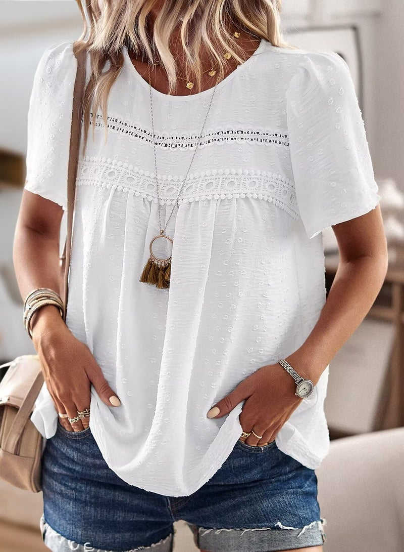 Falechay Summer Tops Short Sleeve White Tunic Tops for Women Lace Bohemian Womens Shirts Round Neck Womens Blouses Loose Peasant Smocked S - Image 4