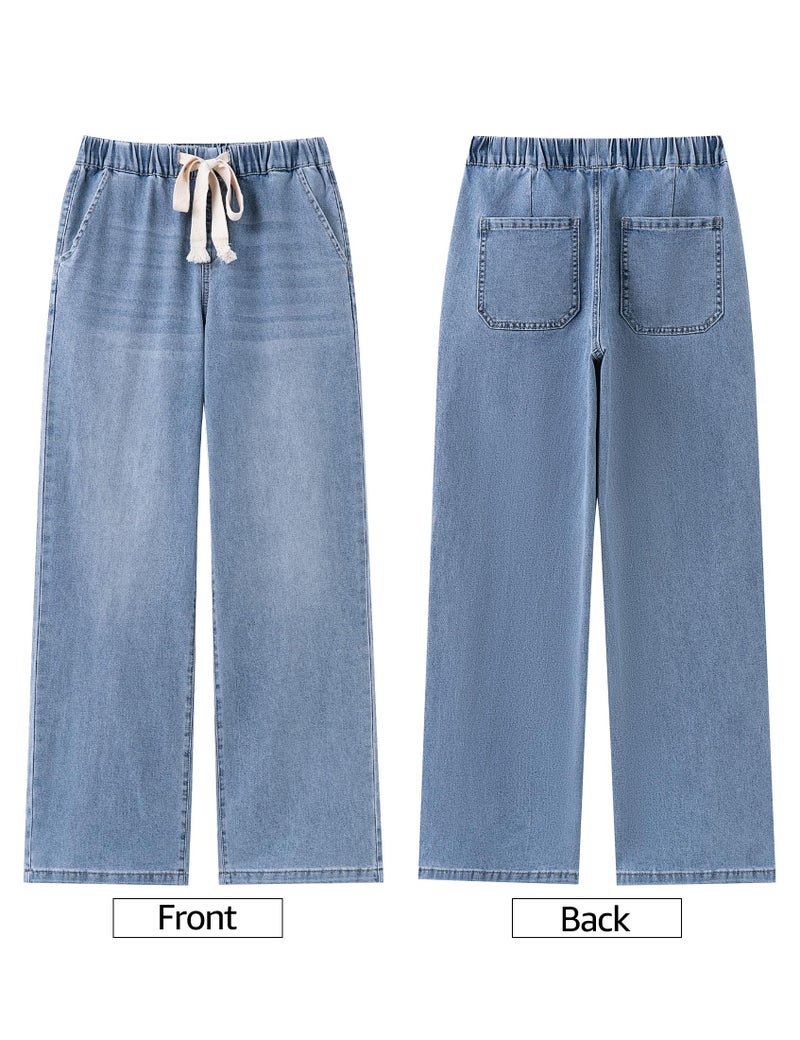 luvamia Wide Leg Jeans Woman High Waisted Trendy Pull On Elastic Waist Drawstring Stretchy Denim Jean Pants with Pockets Womens Summer Clothes Modern Blue Medium Fits Size 8 Size 10 - Image 5
