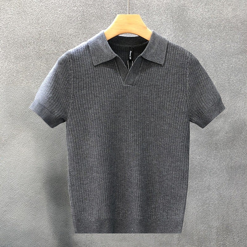 Men's Short Sleeve Knit Polo Shirt Textured Breathable Casual Top - Image 2