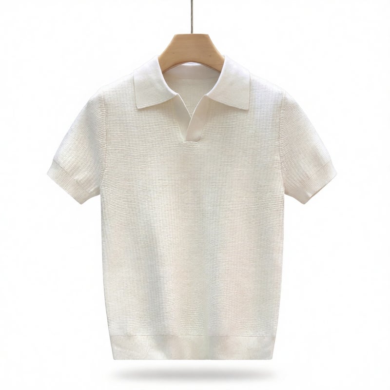 Men's Short Sleeve Knit Polo Shirt Textured Breathable Casual Top - Image 1