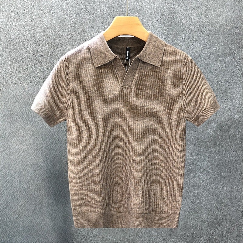 Men's Short Sleeve Knit Polo Shirt Textured Breathable Casual Top - Image 3
