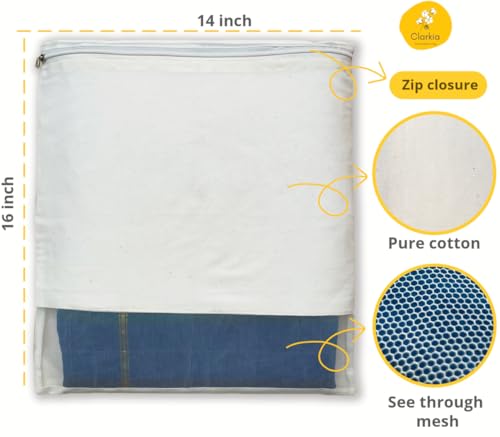 Clarkia Reusable Cotton Saree Cover with Blouse compartment big size for Storage Wardrobe Organizer bags saree bags cotton 16x14 inches Beige 12 - Image 3