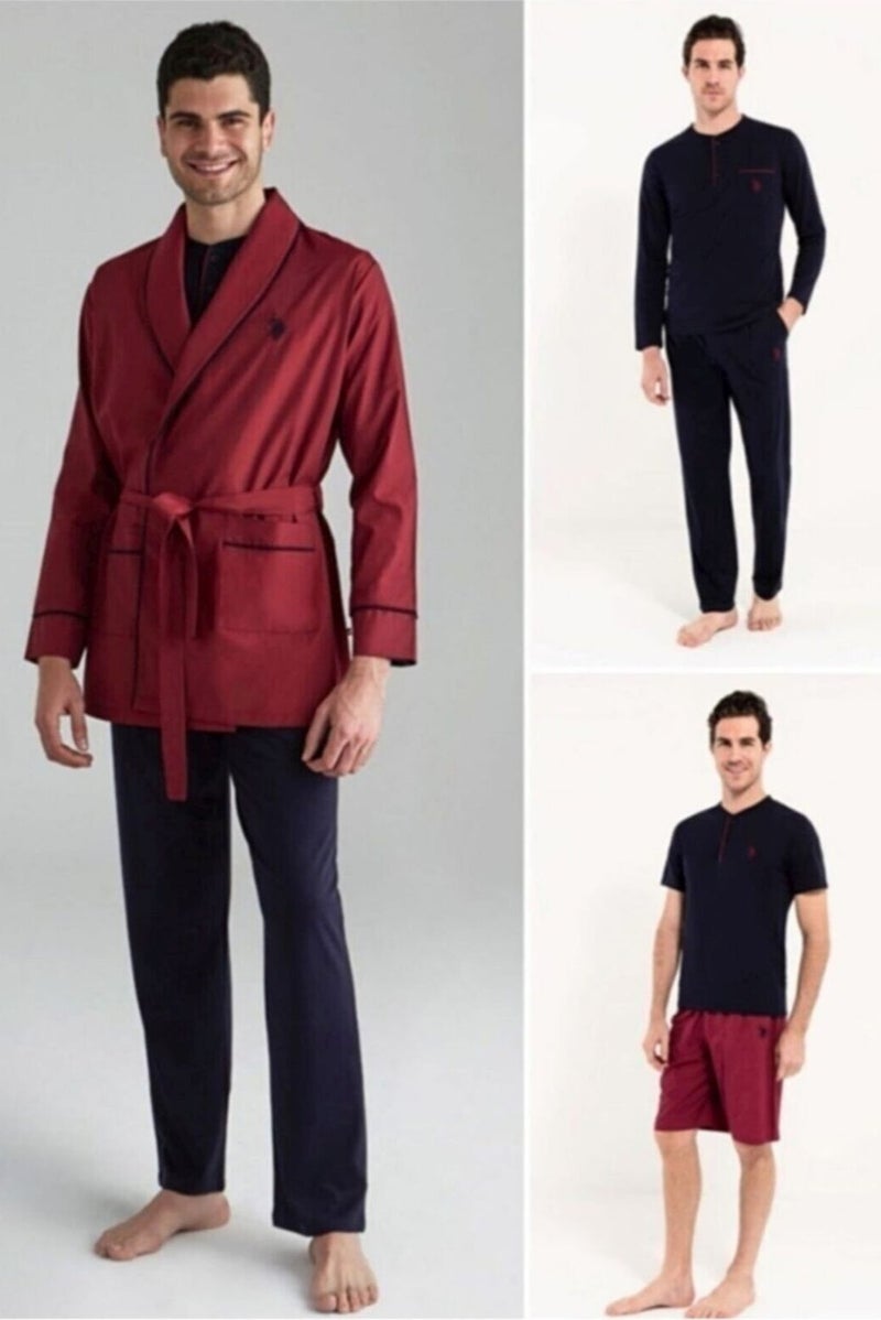 U.S. Polo Assn. 12000 Men's Burgundy Dressing Gown Pajamas Shorts 5 Piece Set  - Image 1