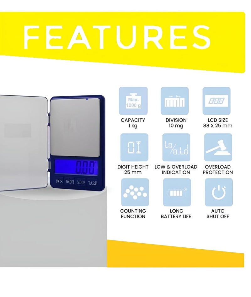 GRAMTECHNOLOGY Digital Pocket Weighing Scale 1000 gram x 0.01g Precision | Jewellery Scale | Weight Machine for Gold | Ideal for Goldsmith and Chemical Use (1kg pocket scale) - Image 3