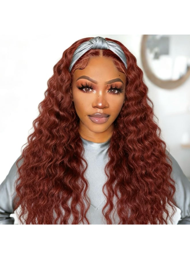 XSY Headband Wig Human Hair Red Reddish Brown 33 16 Inch Deep Wave Headband Human Hair Wigs for Black Women Curly Headband Wig Glueless Machine Made Wigs 150 Density - Image 2
