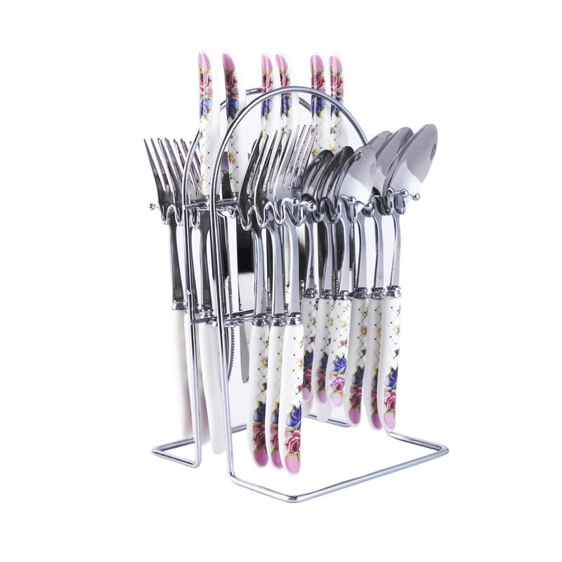 MGeezz Stainless Steel Spoons, Forks & Knives Set of 24 with Stand and Ceramic Handle (Floral Pink) - Image 1