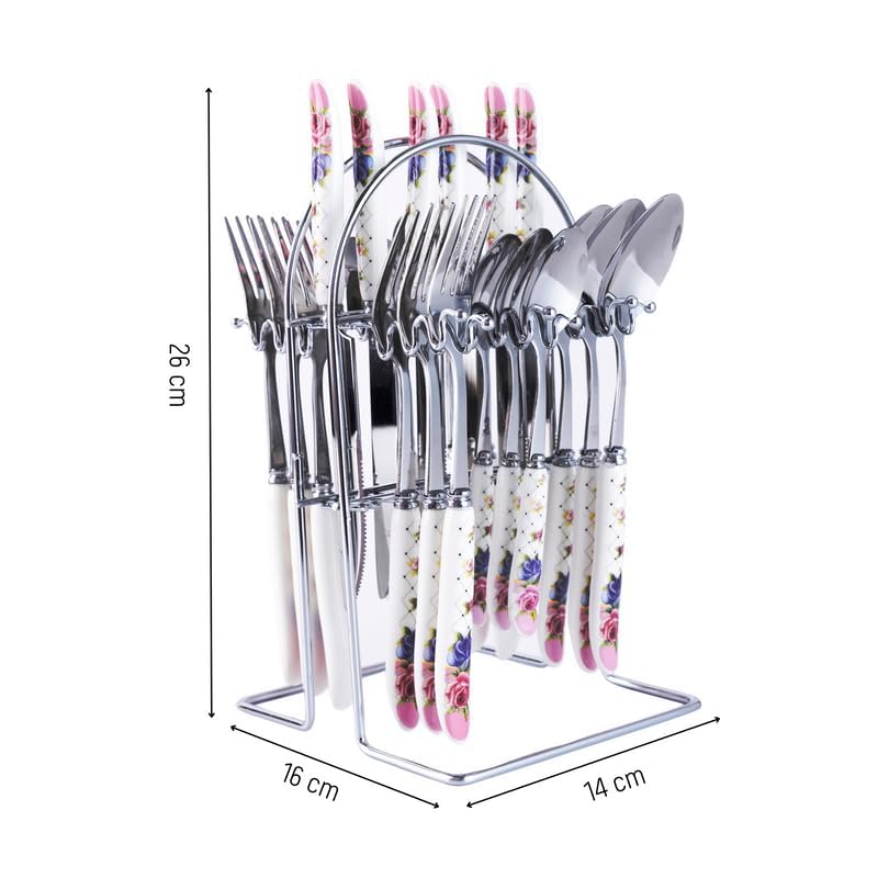 MGeezz Stainless Steel Spoons, Forks & Knives Set of 24 with Stand and Ceramic Handle (Floral Pink) - Image 2