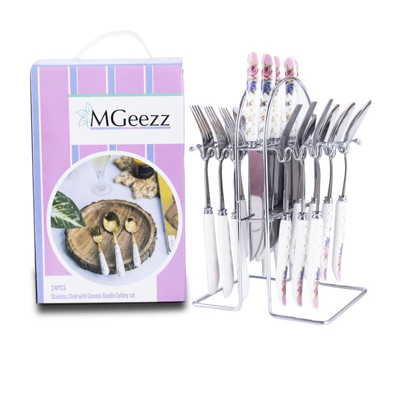 MGeezz Stainless Steel Spoons, Forks & Knives Set of 24 with Stand and Ceramic Handle (Floral Pink) - Image 3