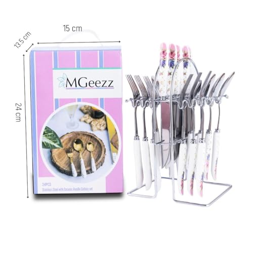 MGeezz Stainless Steel Spoons, Forks & Knives Set of 24 with Stand and Ceramic Handle (Floral Pink) - Image 4