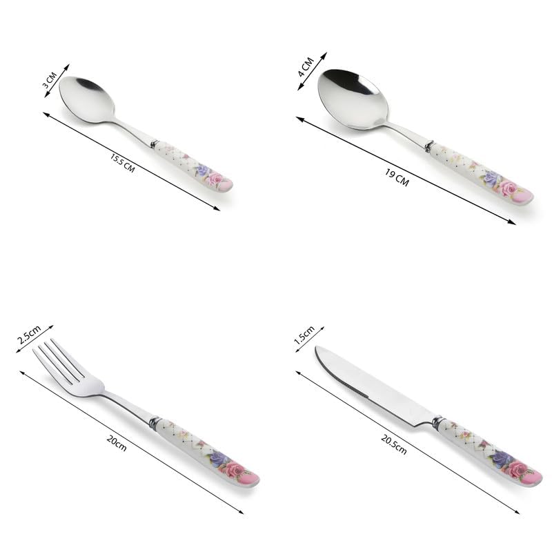 MGeezz Stainless Steel Spoons, Forks & Knives Set of 24 with Stand and Ceramic Handle (Floral Pink) - Image 5