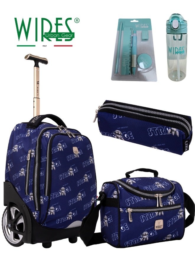 Wires 3 Piece Kids School Trolley Bag laptop compartment Big Wheels With Lunch bag & Pencil Case - Image 1