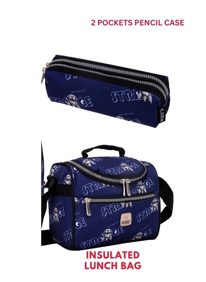 Wires 3 Piece Kids School Trolley Bag laptop compartment Big Wheels With Lunch bag & Pencil Case - Image 5