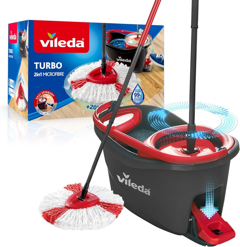Vileda Turbo 2in1 Spin Mop & Bucket Set – Foot Pedal Wringing, Microfibre Head, Triangle Mop for Corners - Image 1