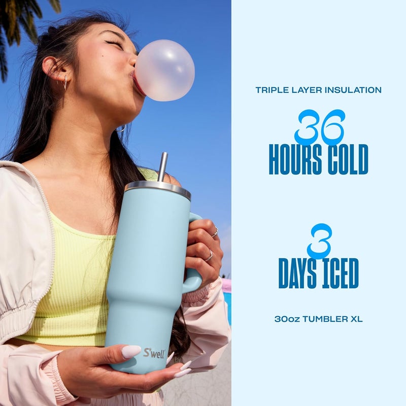 S'well Recycled Stainless Steel Tumbler XL with Straw and Handle, 30oz, Powder Blue, Triple Layered Vacuum Insulated Container Keeps Drinks Cold 36 hours and Hot for 9, BPA Free - Image 1