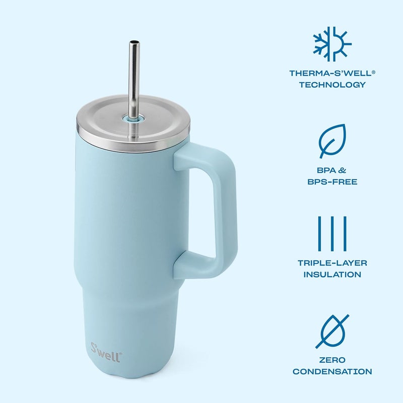 S'well Recycled Stainless Steel Tumbler XL with Straw and Handle, 30oz, Powder Blue, Triple Layered Vacuum Insulated Container Keeps Drinks Cold 36 hours and Hot for 9, BPA Free - Image 2