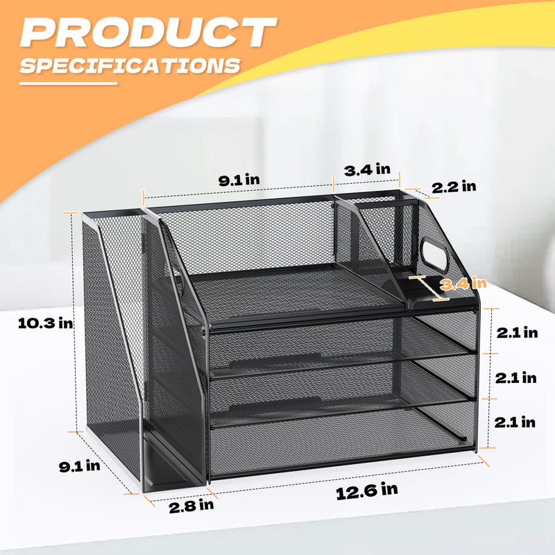 DocNest 4 Tier Paper Letter Tray File Organizer, Mesh Desk File with Handle, Workspace Desk Organizers with Pen Holder, Office Organization Storage Accessories - Black - Image 2