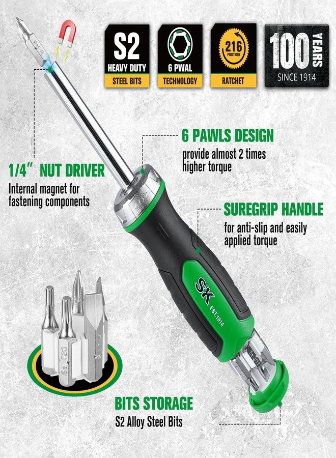 SK 7-in-1 Ratcheting Screwdriver, 216-P, 6 Bits (Phillips, Star, Slotted), 1 Nut Driver Size (1/4 Inch), S2 Steel, SureGrip Handle - Image 3