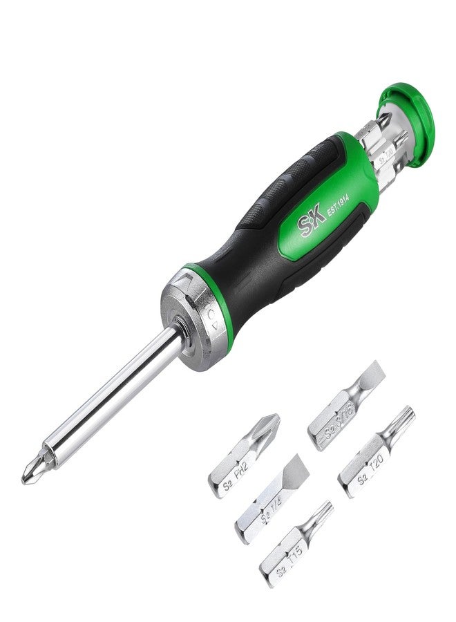 SK 7-in-1 Ratcheting Screwdriver, 216-P, 6 Bits (Phillips, Star, Slotted), 1 Nut Driver Size (1/4 Inch), S2 Steel, SureGrip Handle - Image 1
