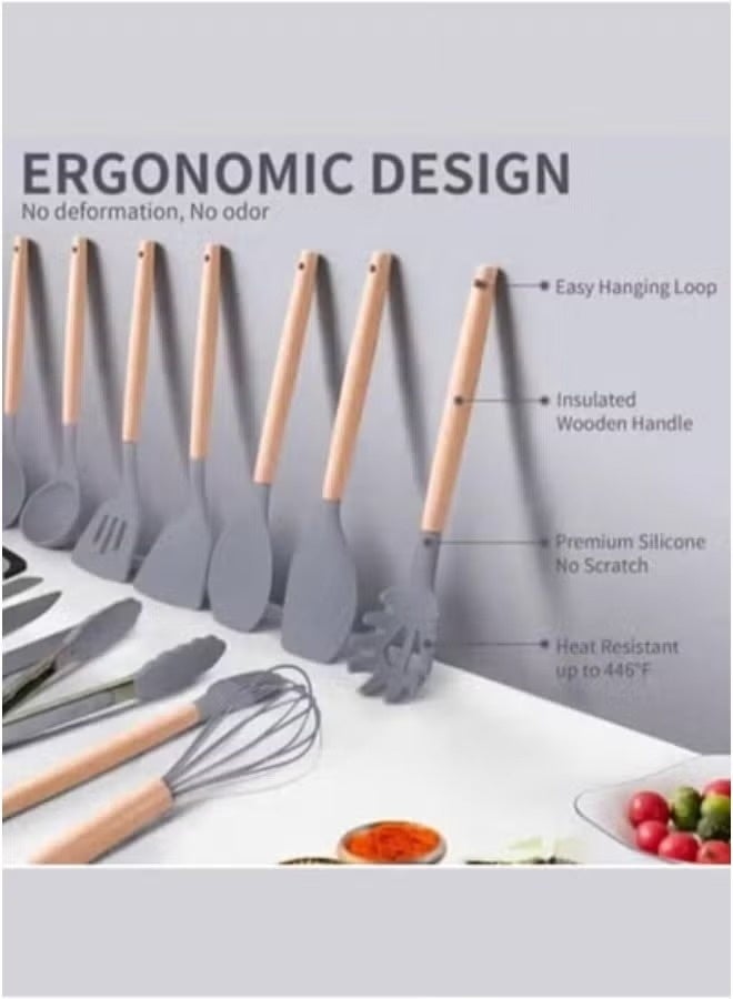 ACLIX 19-Piece Silicone Kitchen Utensil Set with Wooden Handles – Heat-Resistant Nonstick Cooking Tools in Elegant Grey – Includes Stainless Steel Knives, Chopping Board, Turner, Spatula, Whisk, Tongs, Spoon, Measuring Cups & More – Premium Cooking Set for Modern Homes - Image 4