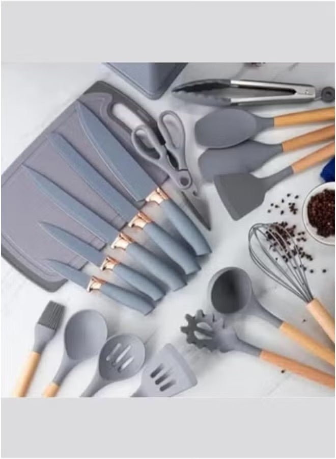 ACLIX 19-Piece Silicone Kitchen Utensil Set with Wooden Handles – Heat-Resistant Nonstick Cooking Tools in Elegant Grey – Includes Stainless Steel Knives, Chopping Board, Turner, Spatula, Whisk, Tongs, Spoon, Measuring Cups & More – Premium Cooking Set for Modern Homes - Image 2