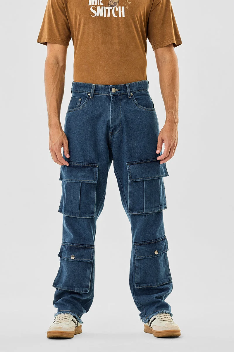 Snitch Blue 8 Pocket Baggy Cargo Jeans for Men | Best Price UAE