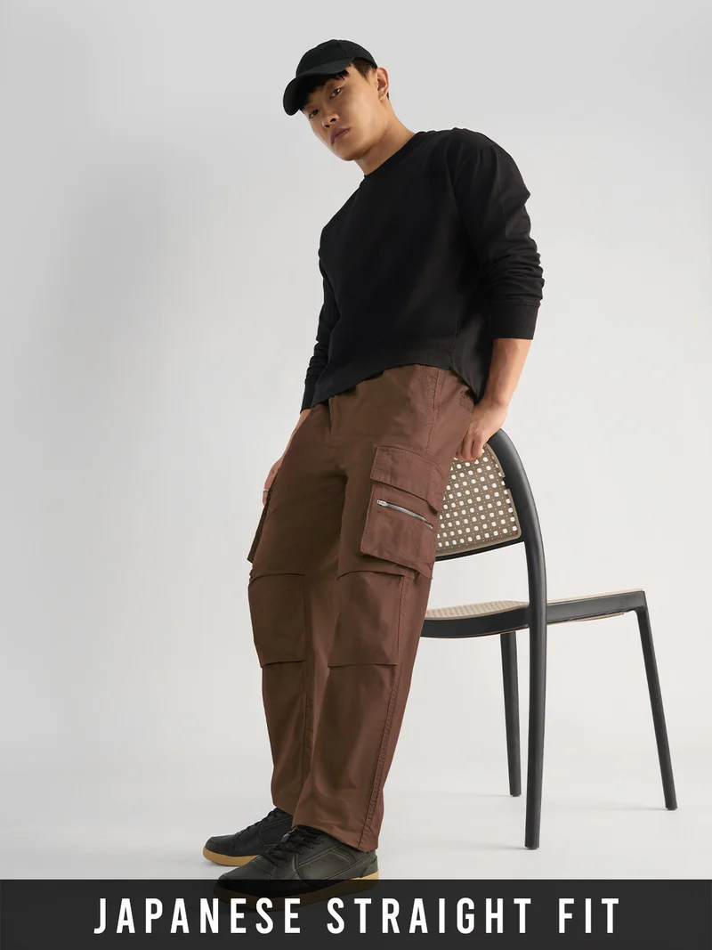 The Souled Store Essential Drop: Parachute Men and Boys Elastic Waistband Solid Cotton Twill Japanese Straight Fit Lightweight Multi-Pocket Utility Cargo Pants