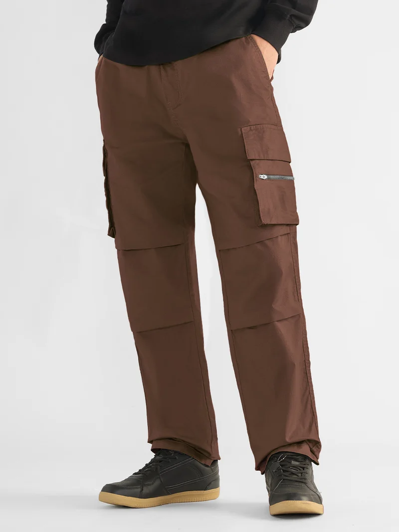 The Souled Store  Essential Drop: Parachute Men and Boys Elastic Waistband Solid Cotton Twill Japanese Straight Fit Lightweight Multi-Pocket Utility Cargo Pants  | Best Price UAE