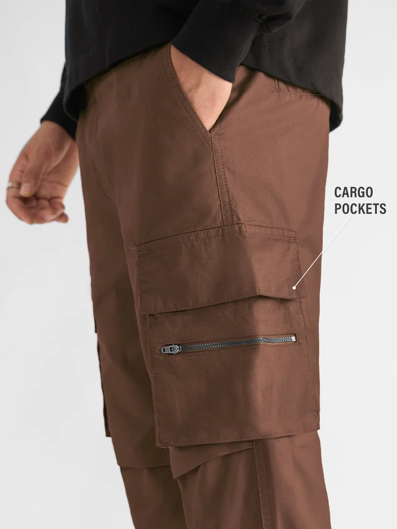 The Souled Store Essential Drop: Parachute Men and Boys Elastic Waistband Solid Cotton Twill Japanese Straight Fit Lightweight Multi-Pocket Utility Cargo Pants