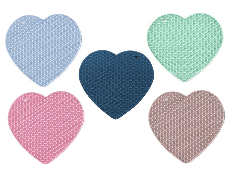 P-Plus International Silicone Trivets Mat for Dish Hot Pads for Counter Top,Pan and Pot Heat Resistant Hot Protector (Heart_B Pack of 5 Random) - Image 1