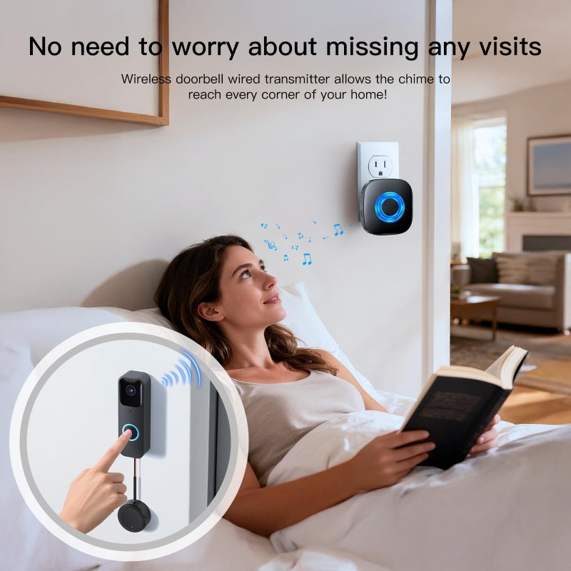 Bistee Wireless Doorbell Chime Compatible with Blink Video Doorbell (1st & 2nd Gen), Video Doorbell Extender Kit with Sleek Round Wired Transmitter & Plug-in Receiver, 656ft Range, 58 Melodies, Black - Image 2