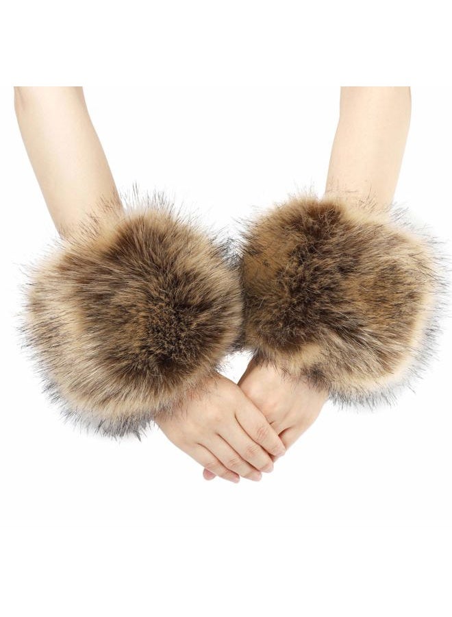 LA CARRIE Women's Leopard Print Faux Fur Wrist Cuffs,Winter Fox Furry Bands Arm Warmer (Raccoon) - Image 1