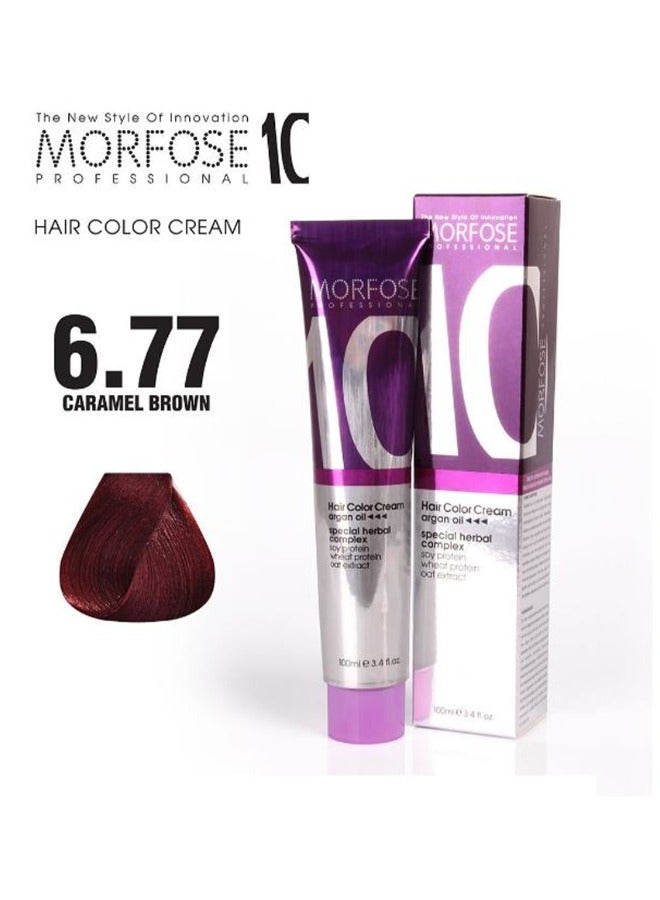 Morfose 10 Hair Color Cream with Argan Oil - 6.77 Caramel Brown, 100ml - Image 1