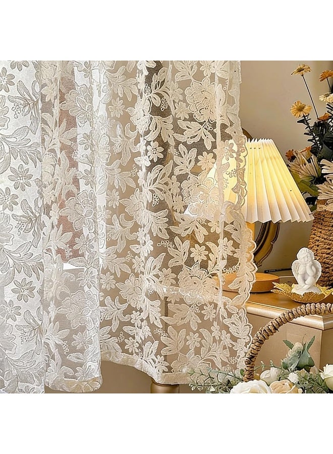 Relex 2 Panels Victorian Beige 3D Floral Knitted Woven Lace Sheer Curtain Valance for Kitchen Small Window Princess Style Embroidery Romantic Rose Voile Drapes Rod Pocket (100x140 cm) - Image 3