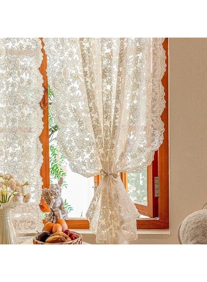 Relex 2 Panels Victorian Beige 3D Floral Knitted Woven Lace Sheer Curtain Valance for Kitchen Small Window Princess Style Embroidery Romantic Rose Voile Drapes Rod Pocket (100x140 cm) - Image 2